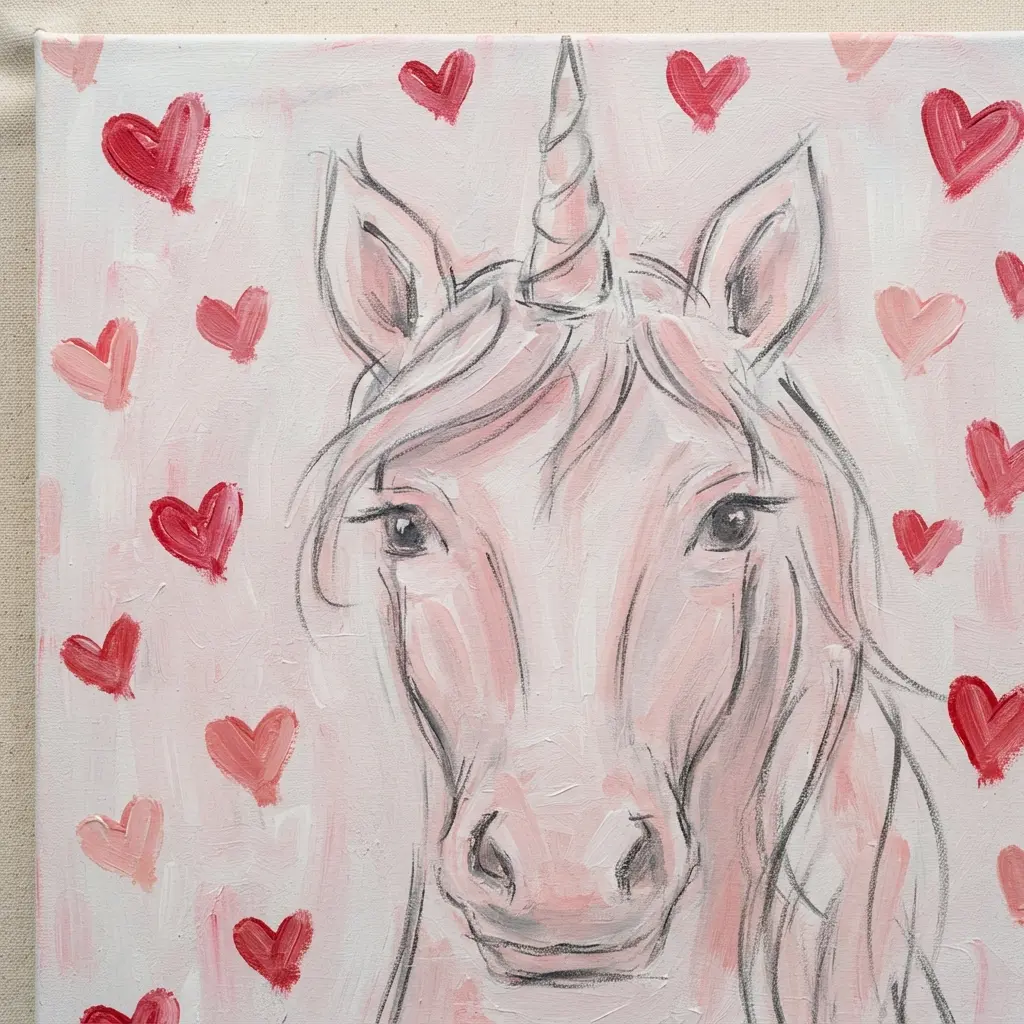 Sketch-style unicorn face surrounded by pink hearts, simple lines, and a pale acrylic background.