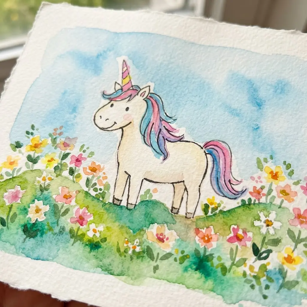 Doodle-style unicorn in a flower field with loose watercolor marks, small blooms, and a sunny sky.