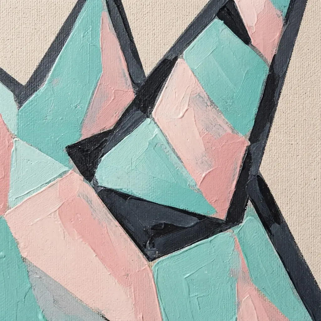 Abstract geometric unicorn horn painting with angular pastel sections and a dark acrylic border.