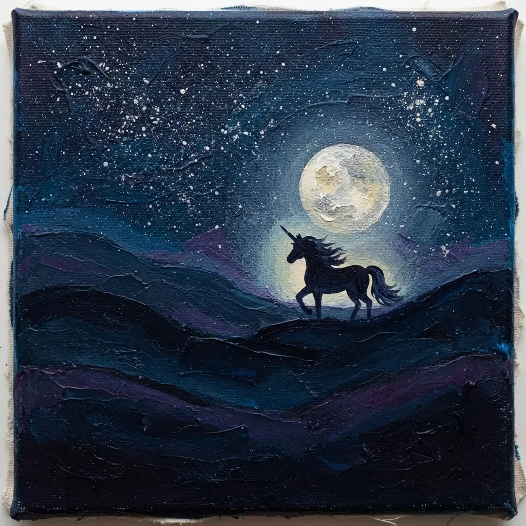 Nighttime unicorn scene with a glowing moon, dark hills, scattered stars, and blue acrylic layers.