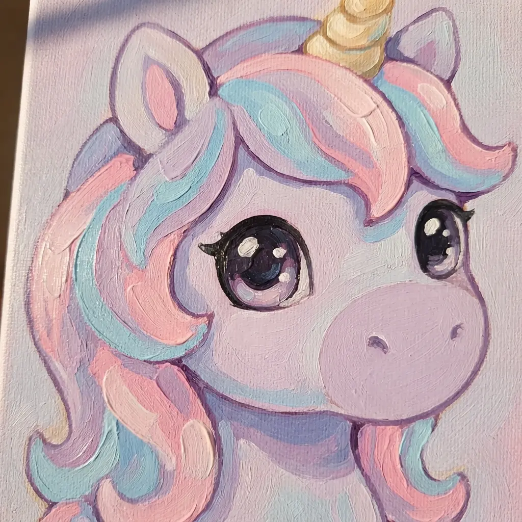 Chibi unicorn with giant eyes, tiny hooves, pastel mane, and rounded acrylic shapes.