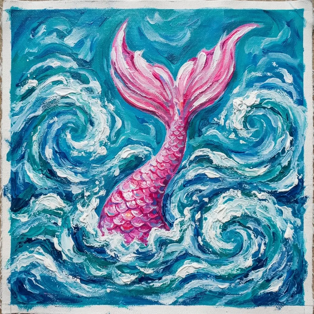 Mermaid unicorn tail rising through ocean waves with turquoise acrylic water, foam, and a pink fin.