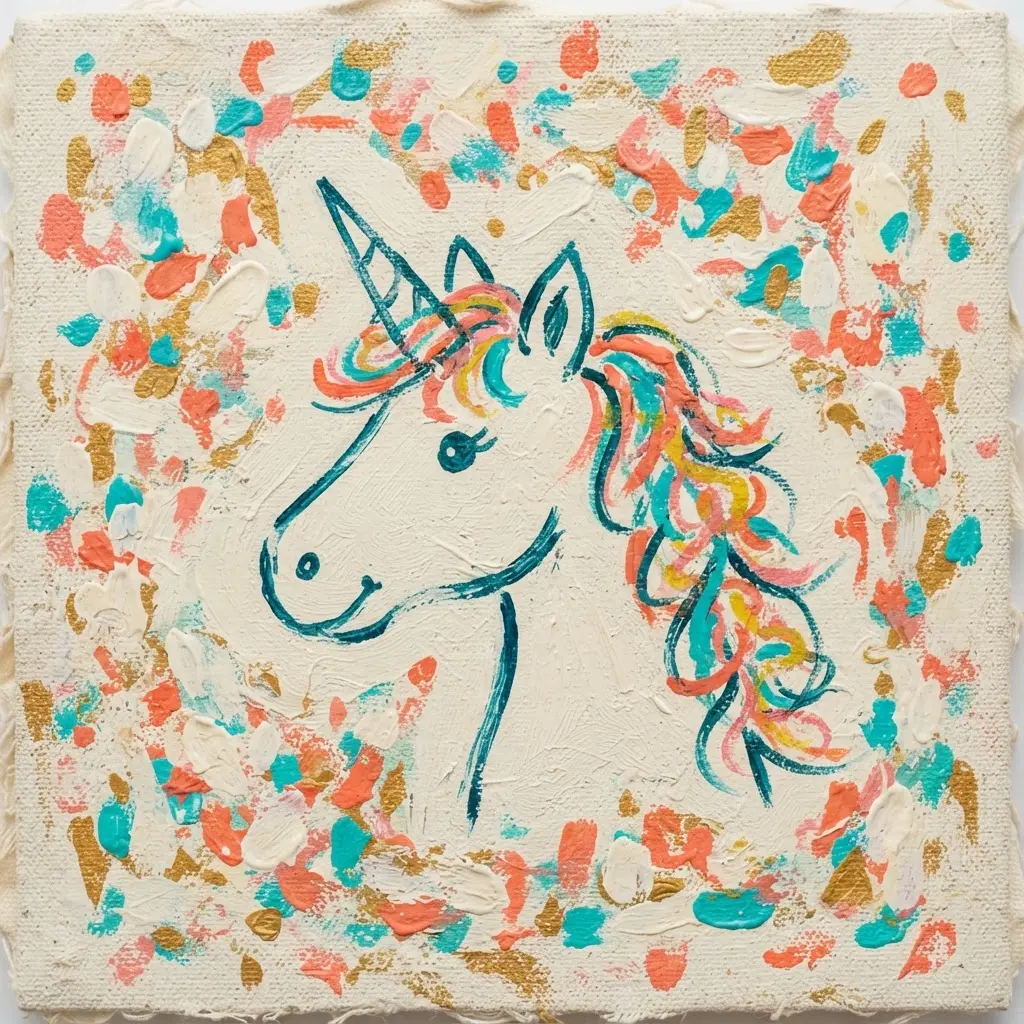 Simple unicorn sketch surrounded by colorful confetti marks on a light acrylic background.