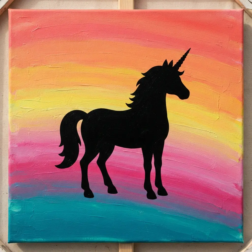 Black unicorn silhouette against a rainbow acrylic background with bold shapes and clear edges.