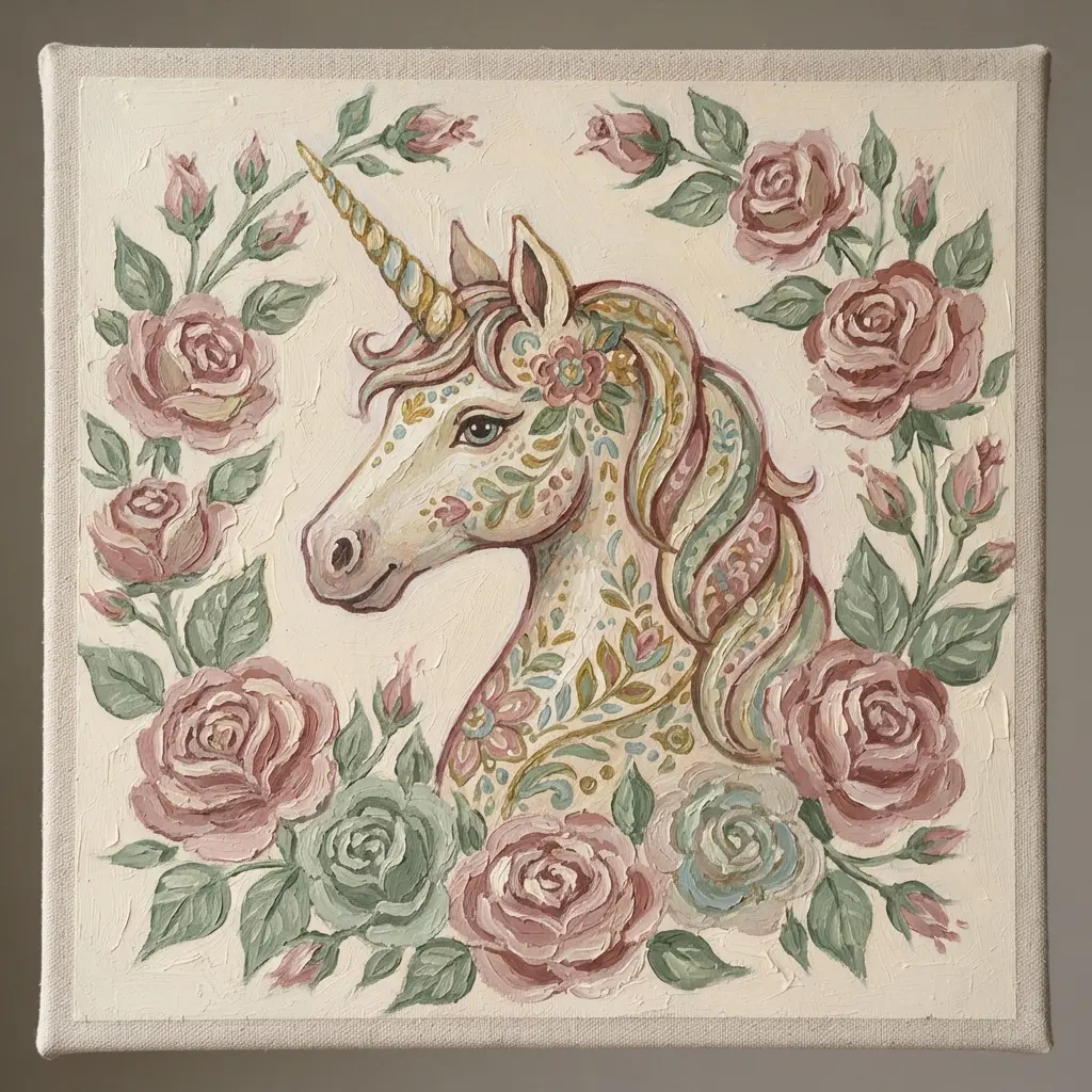 Vintage-style unicorn bust with roses, muted acrylic colors, decorative accents, and a cream background.