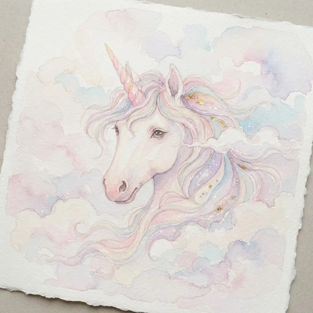 Watercolor unicorn portrait with dreamy clouds, pale washes, and a soft pastel color palette.