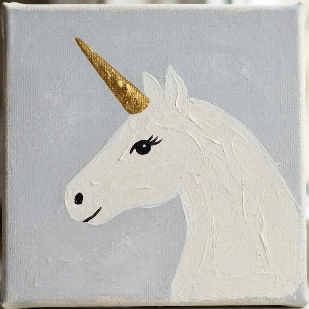 Minimalist white unicorn painting with a gold horn, pale background, and simple black facial details.