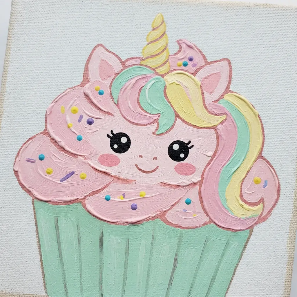 Cute cartoon unicorn cupcake painting with a swirled mane, rounded eyes, and pastel icing details.