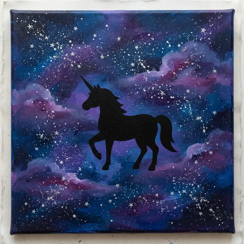 Unicorn silhouette beneath a galaxy night sky painted with dark blue acrylic, stars, and purple clouds.