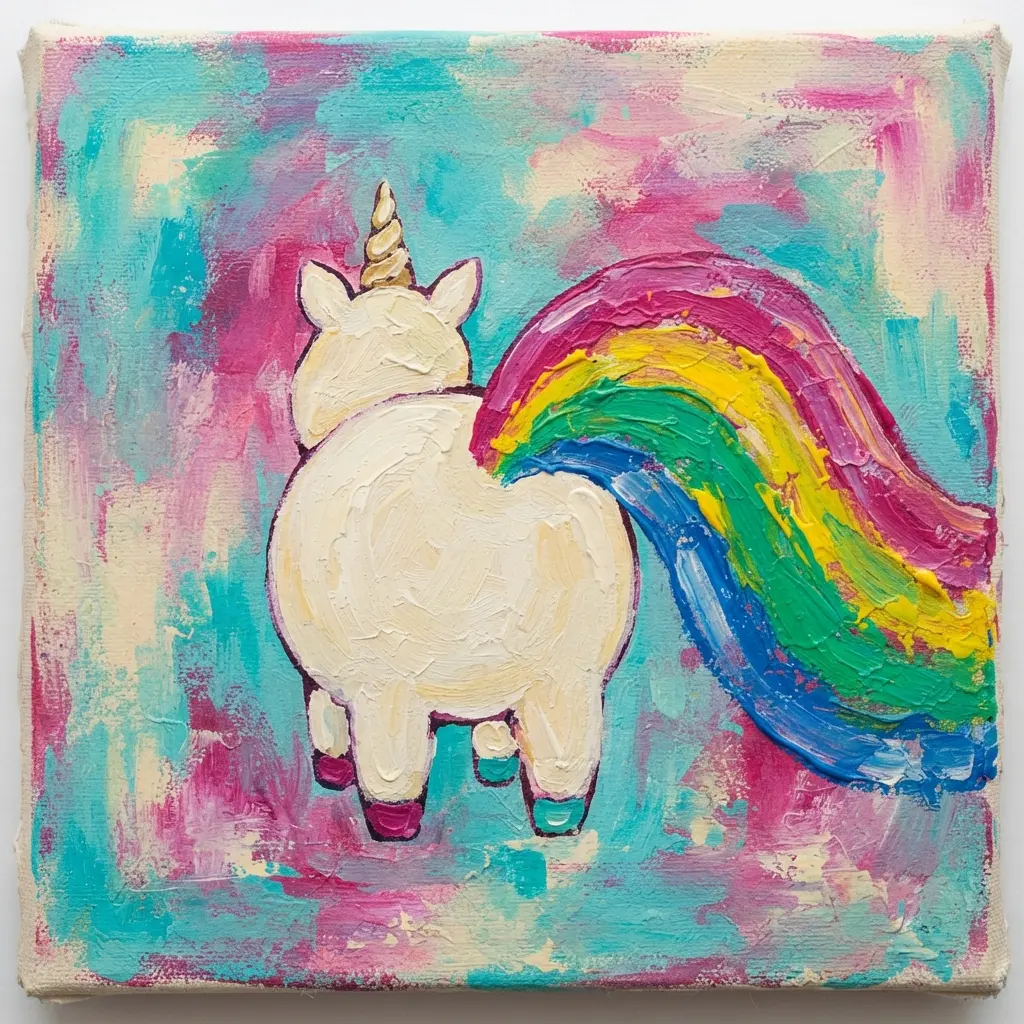 Rear-view unicorn painting with a large rainbow tail, rounded body, and colorful acrylic background.