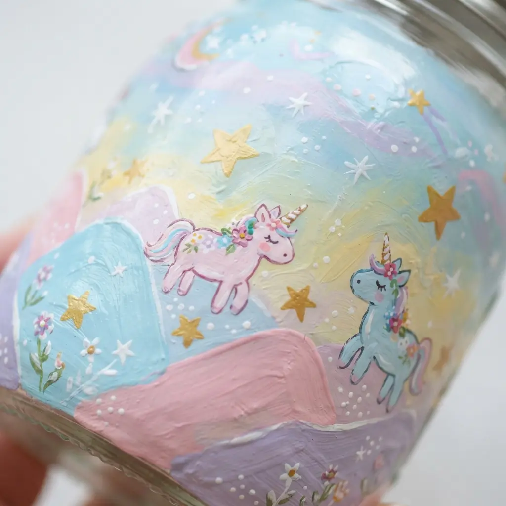 Mason jar painted with acrylic unicorns, stars, pastel hills, and a simple fantasy scene.
