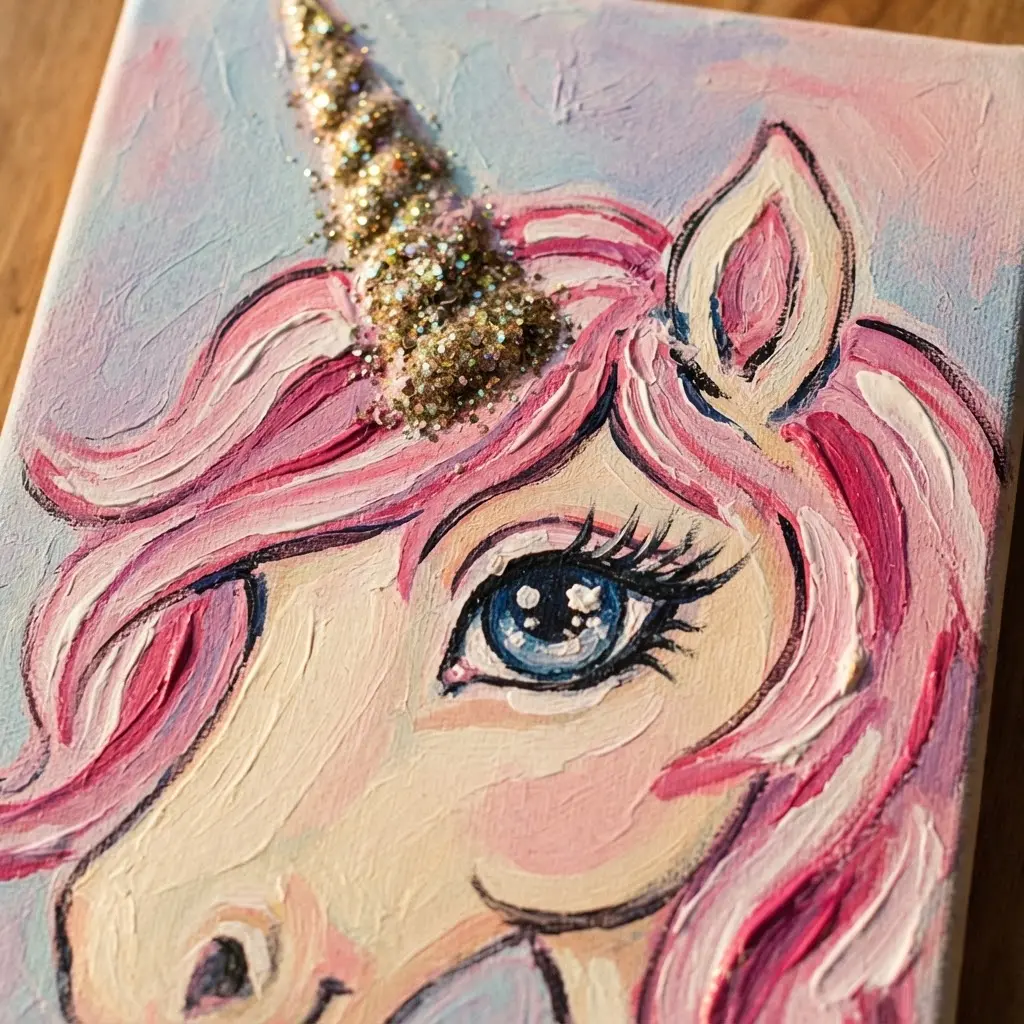 Close-up unicorn painting with a glittering horn, large eye, pink mane, and bold acrylic outlines.