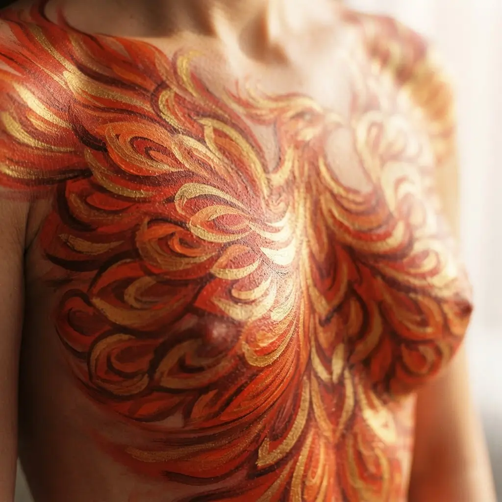 Red, orange, and gold phoenix feathers spread across a painted chest with curved brush lines and dark accents.