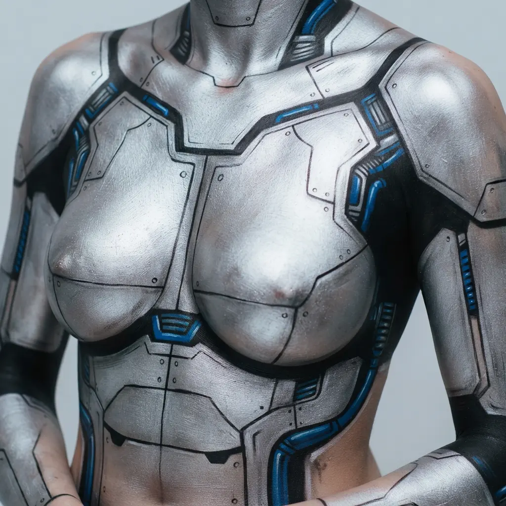 Metallic silver cyborg plating covers a model's torso and arms with black seams, panels, and blue details.