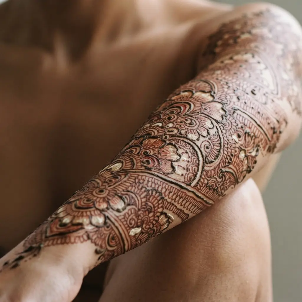 Ornate henna-style filigree in dark brown body paint winds from the wrist to the shoulder with floral details.