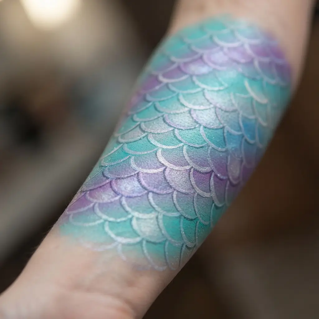 Iridescent mermaid scales wrap one painted arm with blue, teal, and violet bands for female body painting ideas.