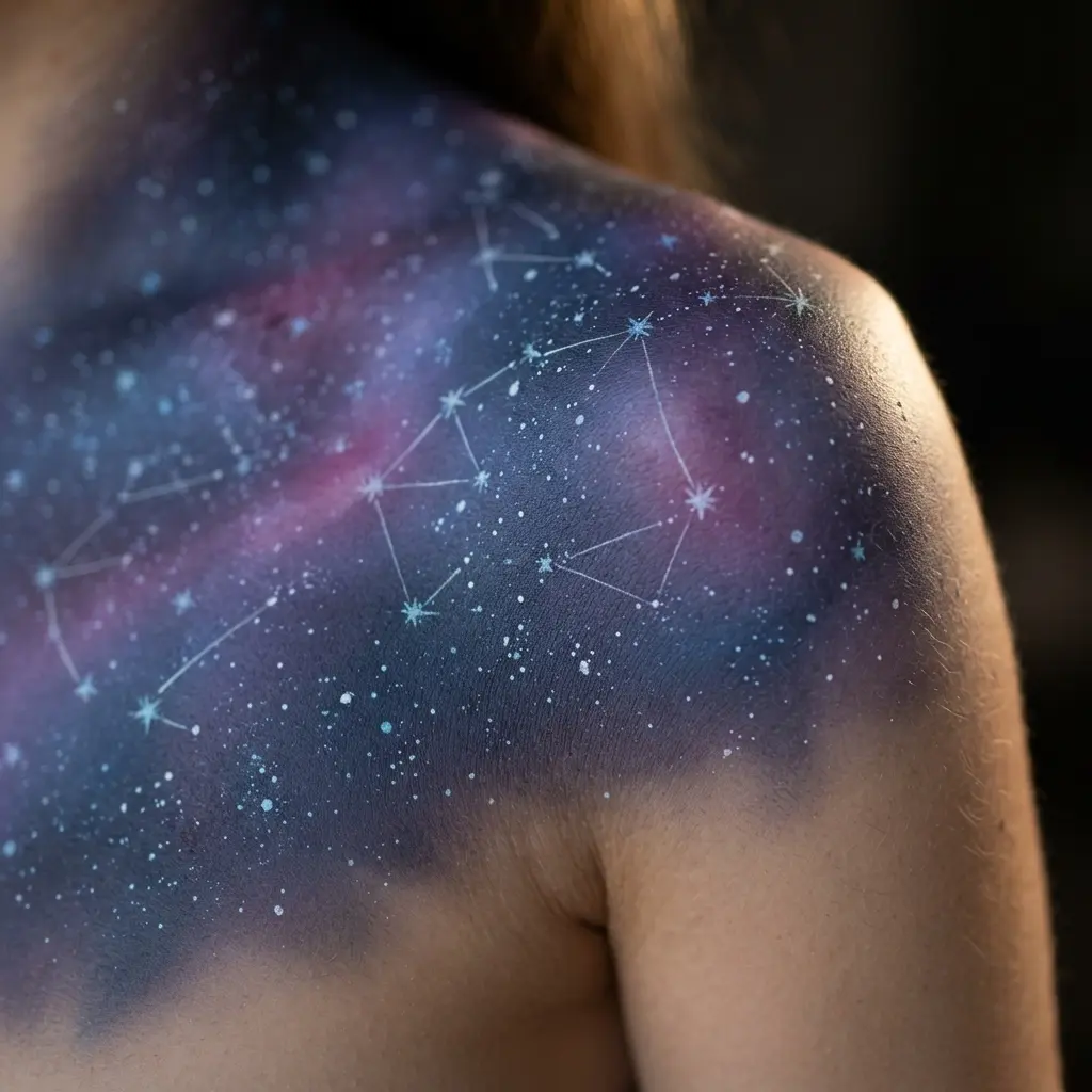 Blue and purple galaxy paint covers one shoulder with white stars and constellation lines for female body painting ideas.