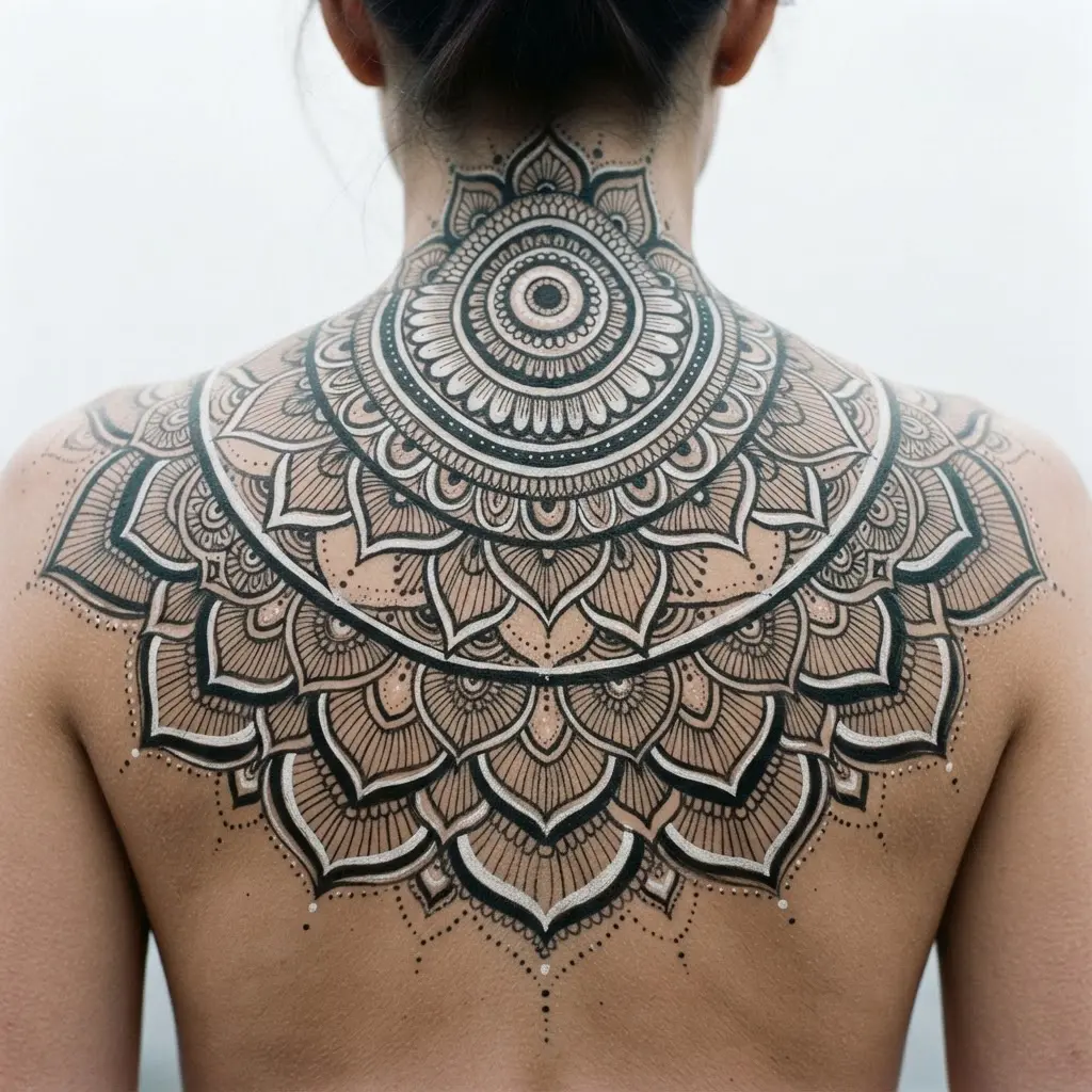 A monochrome mandala spans a model's back with concentric petals, fine brush lines, and balanced circular spacing.