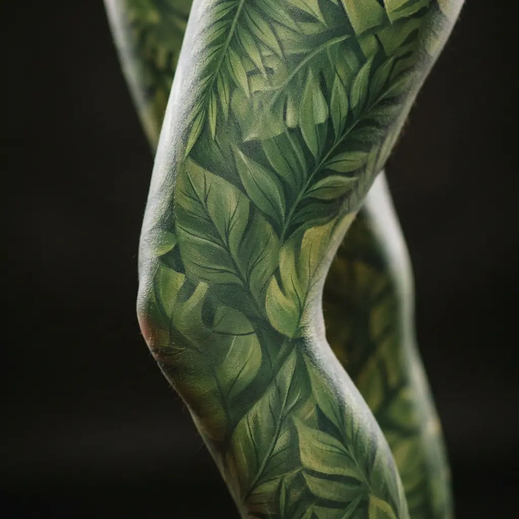 Tropical jungle leaves in green and olive body paint cover one leg beside a leafy stage backdrop.