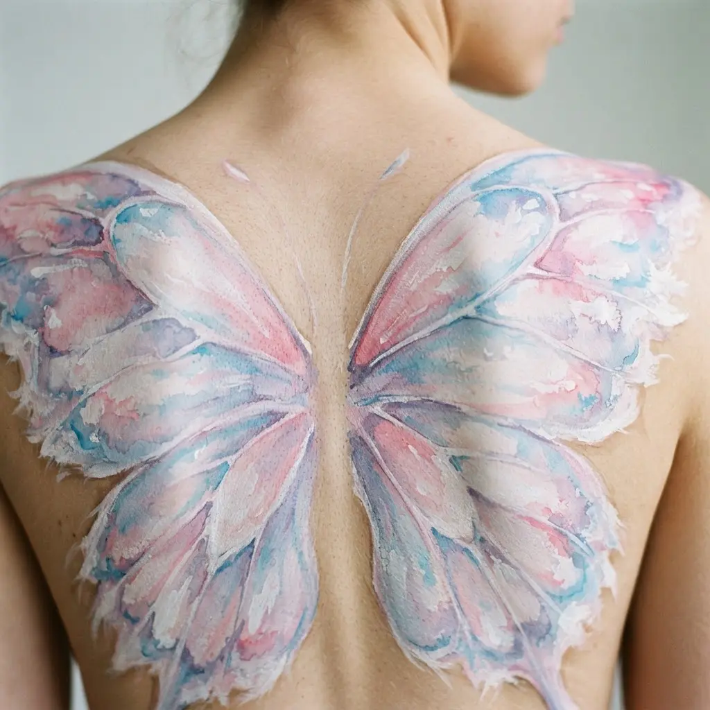 Soft watercolor butterfly wings spread across a model's back in pink, blue, lavender, and white brushwork.