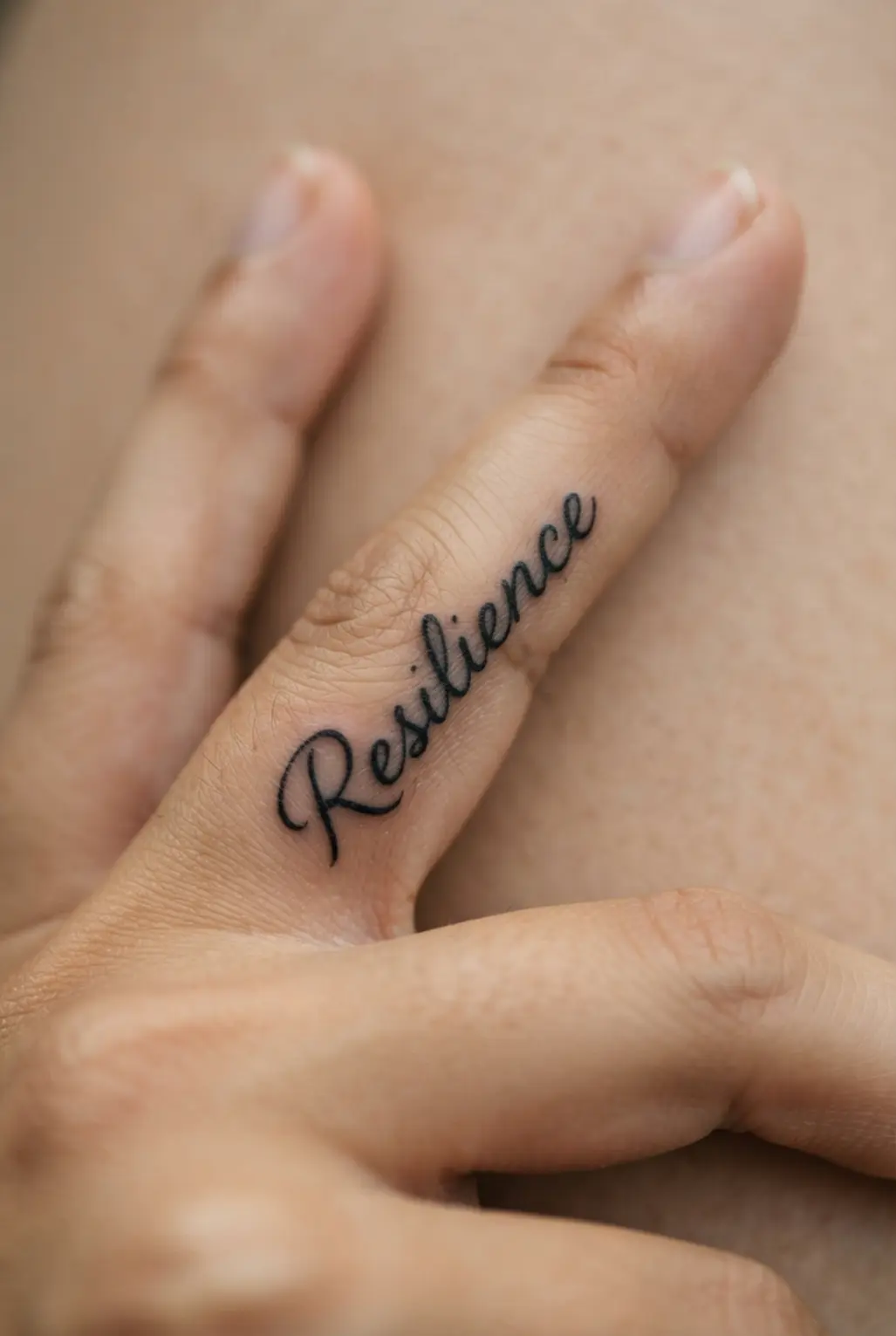 One short script word follows the length of a finger with fine black lettering and generous open space.