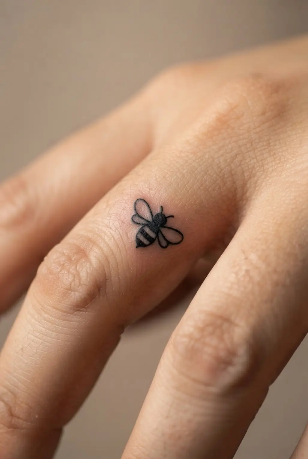 A tiny bee silhouette rests on a finger with visible wings, body stripes, and a saturated black finish.