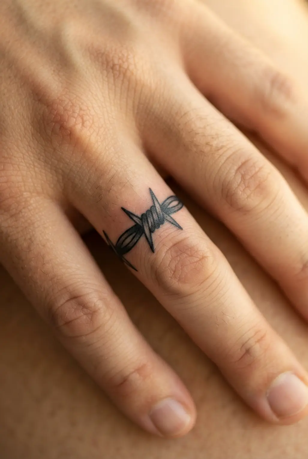 A narrow barbed wire band circles a finger with repeated pointed bends and strong black outlines.