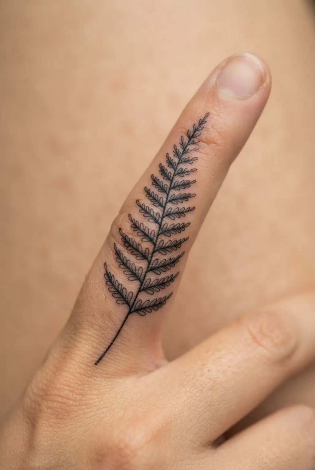 A small fern frond follows the finger length with evenly spaced leaflets and a slender black stem.
