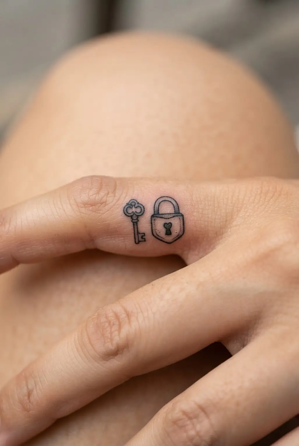 A small lock and key sit side by side on a finger with open outlines and compact black details.