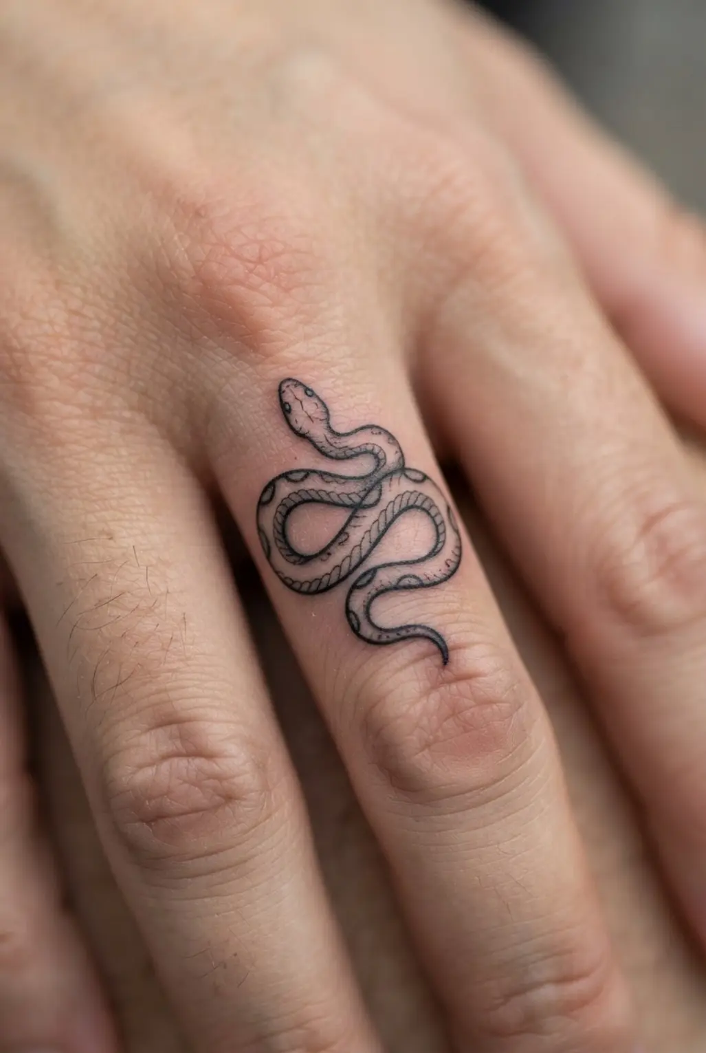 A miniature snake coils around a finger with a visible head, curved body, and spaced black lines.