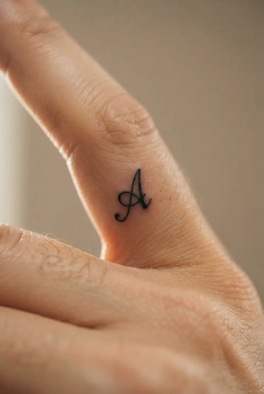 A single initial forms a compact monogram on a finger with balanced black strokes and open surrounding skin.