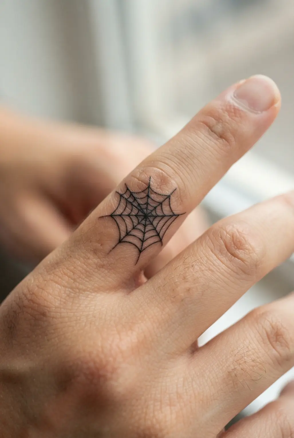 A tiny spiderweb fills a small finger space with radial lines and neat curved connections in black ink.