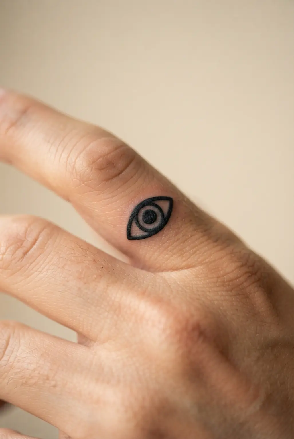 A tiny outlined evil eye rests on a finger, showing a dark center and simple protective symbolism.