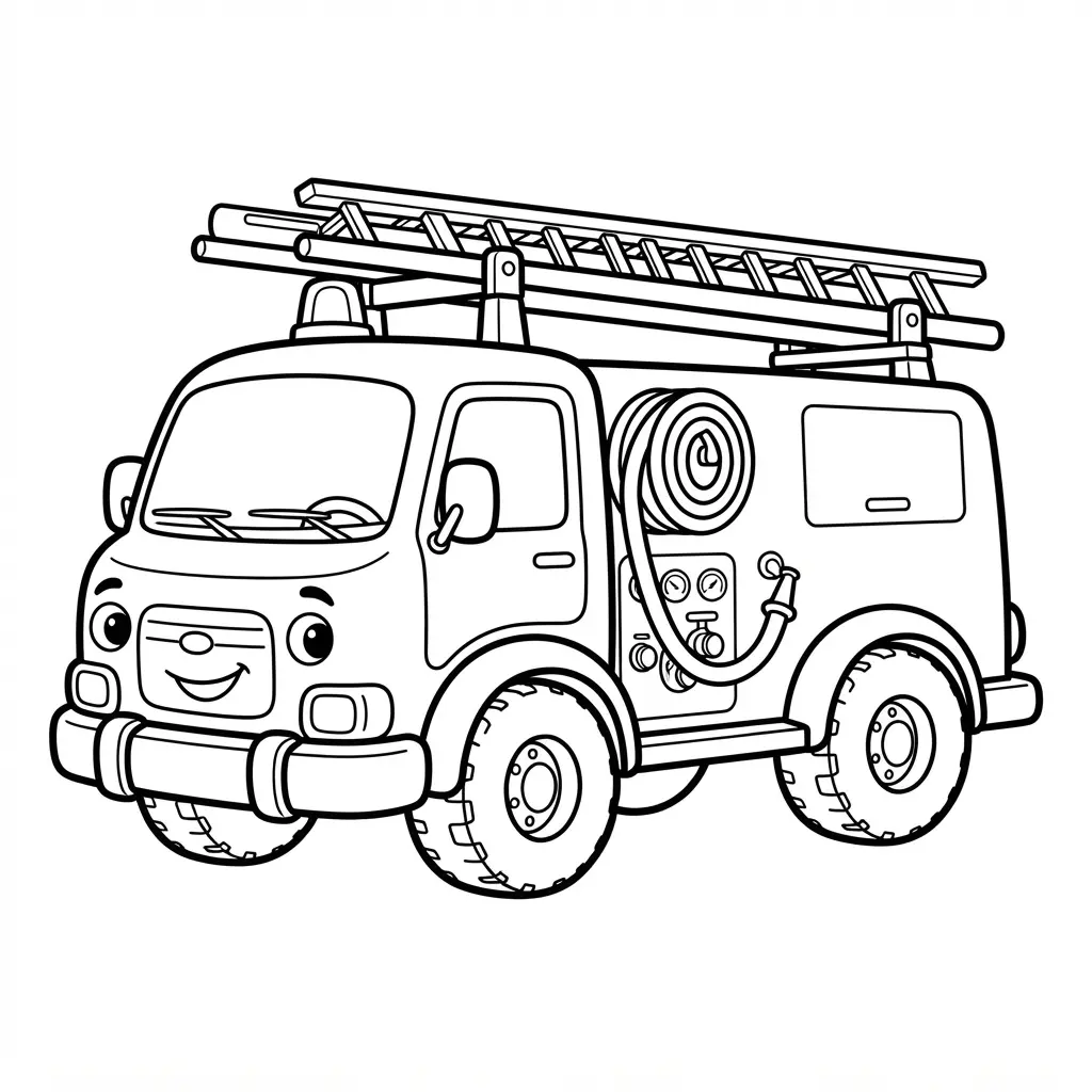 Bold crayon-style line art shows a classic pumper fire truck with a cab, wheels, hose, and clear outlines.