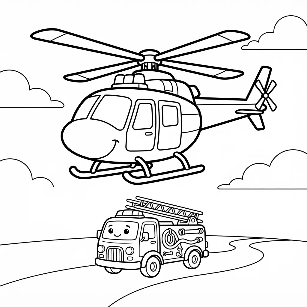 Fire truck coloring pages show a rescue helicopter above a fire truck with clouds, rotors, and clear bold line art.