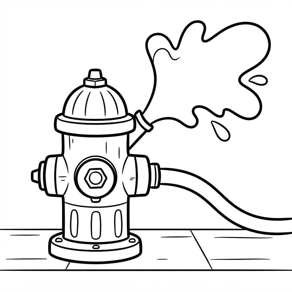 Fire truck coloring pages feature a hydrant spraying water beside a hose with pavement details and clean outlines.