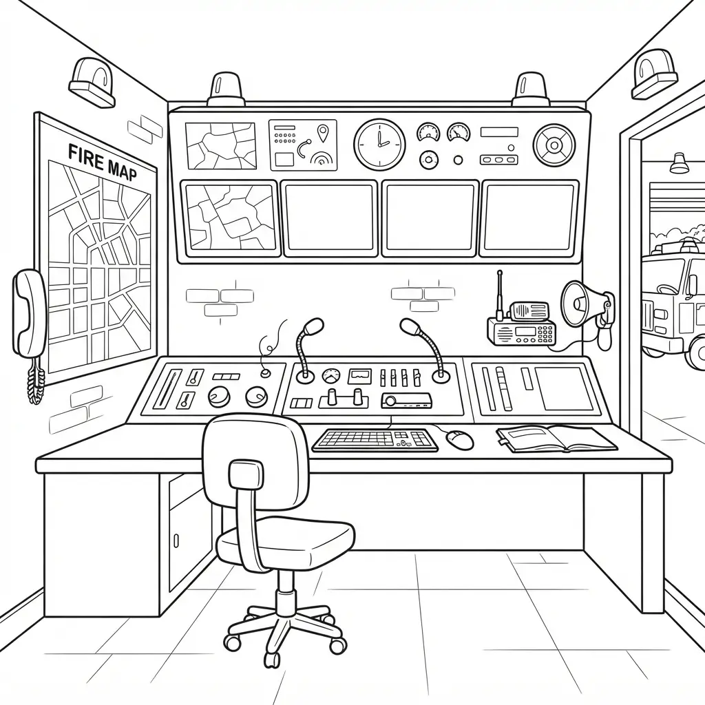 A fire station control room contains radio equipment, display panels, desks, chairs, and organized line art.