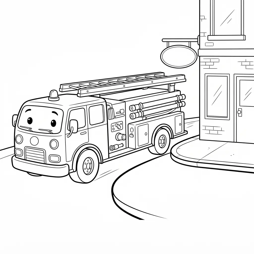 A fire truck turns around a city corner beside buildings, road signs, curbs, and bold child-friendly outlines.