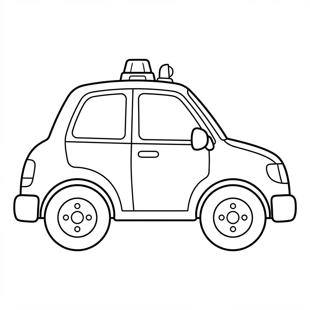A compact command car has a roof light, marked doors, wheels, and a clean side view for coloring.