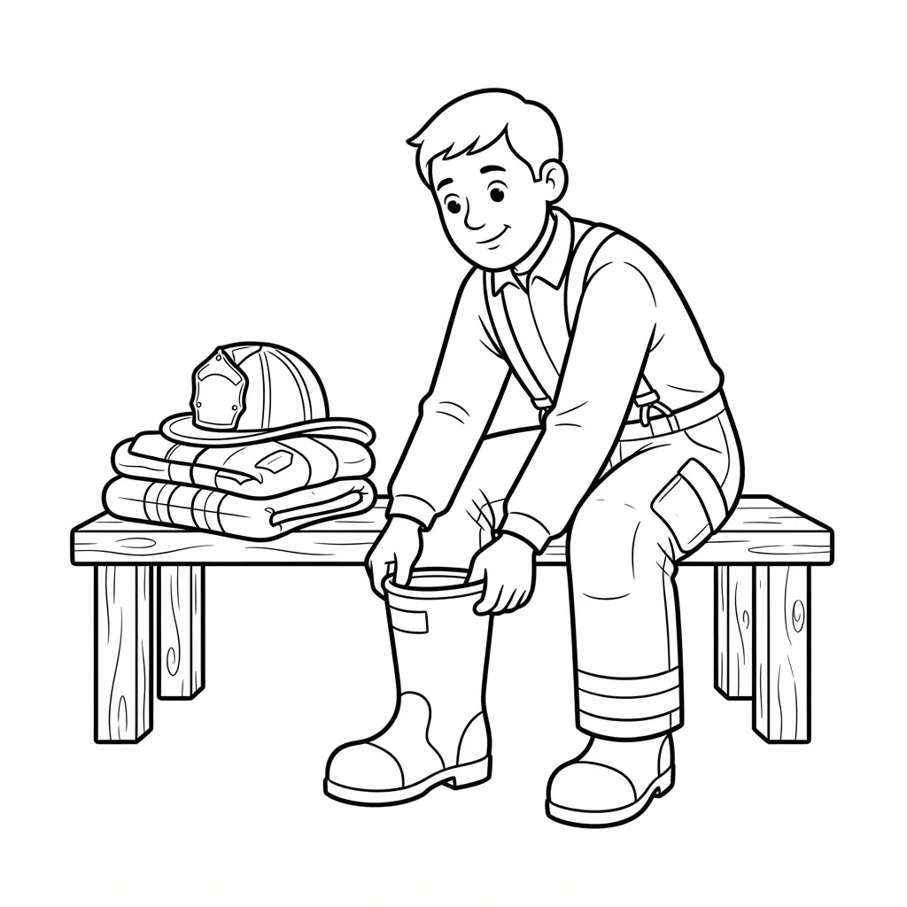 A firefighter sits near a station bench while putting on safety boots beside neatly placed gear.