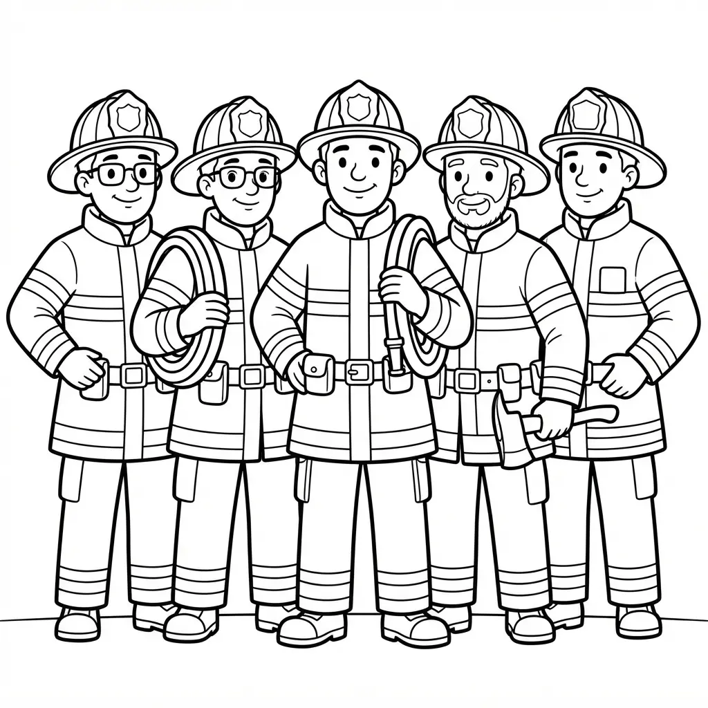 A group of firefighters stands together in helmets and uniforms with simple faces, badges, and clear outlines.