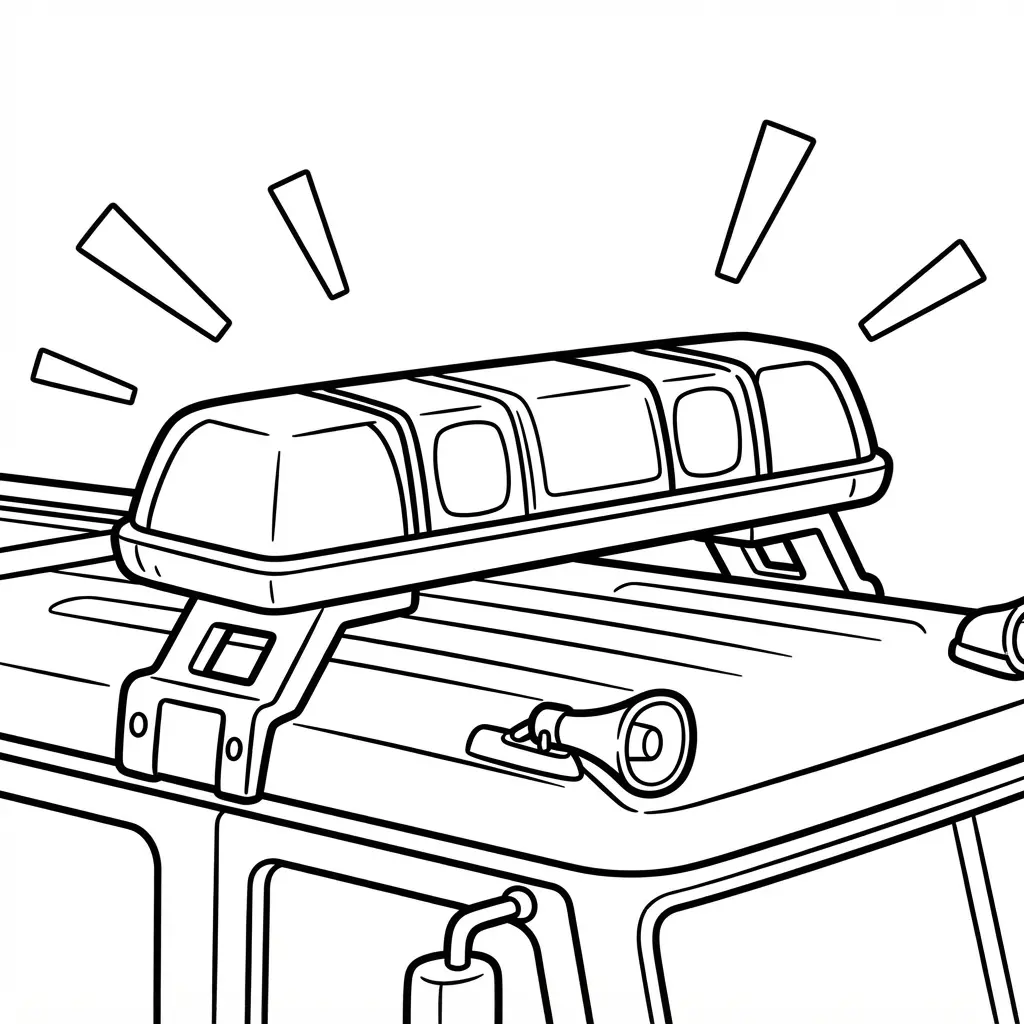 Roof lights sit above a fire truck cab with beams, brackets, and strong outlines showing the vehicle detail.
