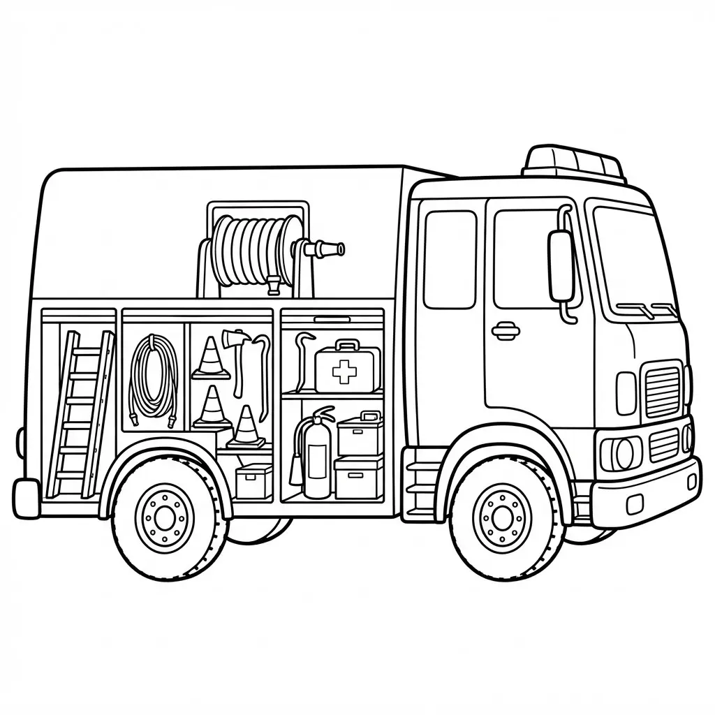 A fire truck carries ladders, ropes, cones, and rescue tools in open side compartments with clear outlines.