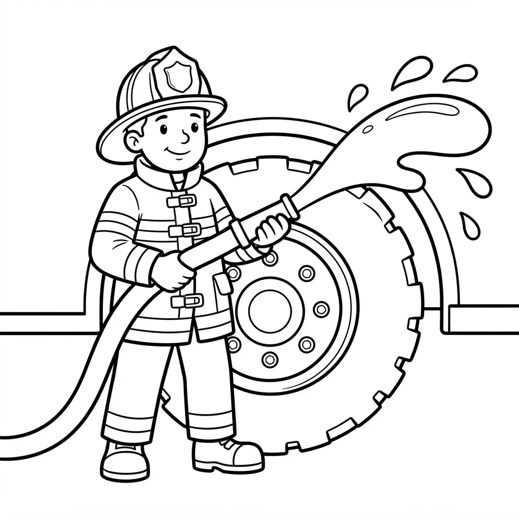 Fire truck coloring pages feature a firefighter directing a large water hose beside a truck in bold printable line art.