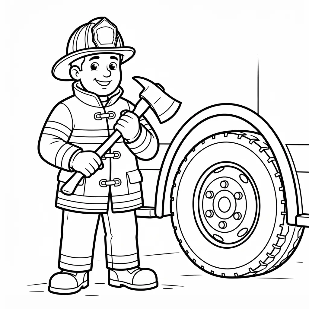 A firefighter holds a rescue axe beside a truck, wearing a helmet, coat, gloves, and sturdy boots.