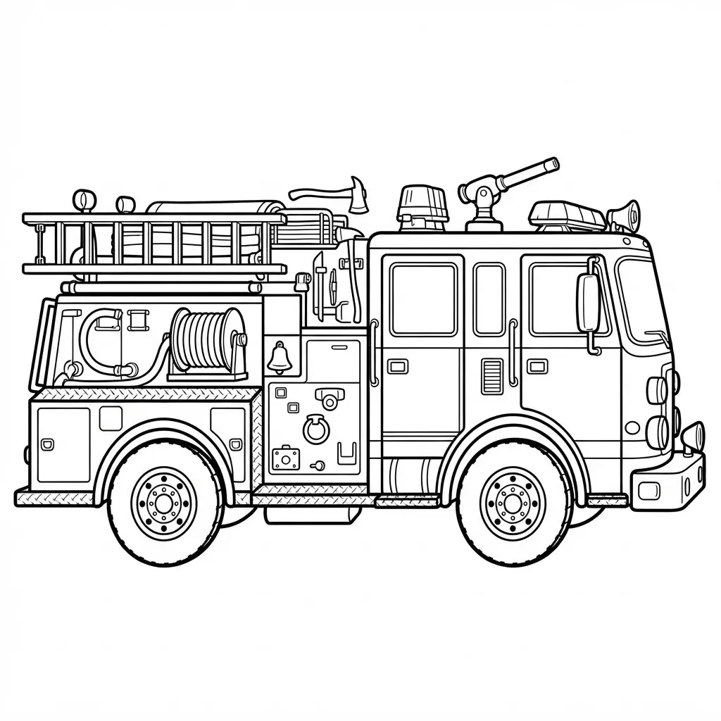 A detailed fire engine side view shows hoses, ladders, wheels, compartments, and bold lines for coloring.