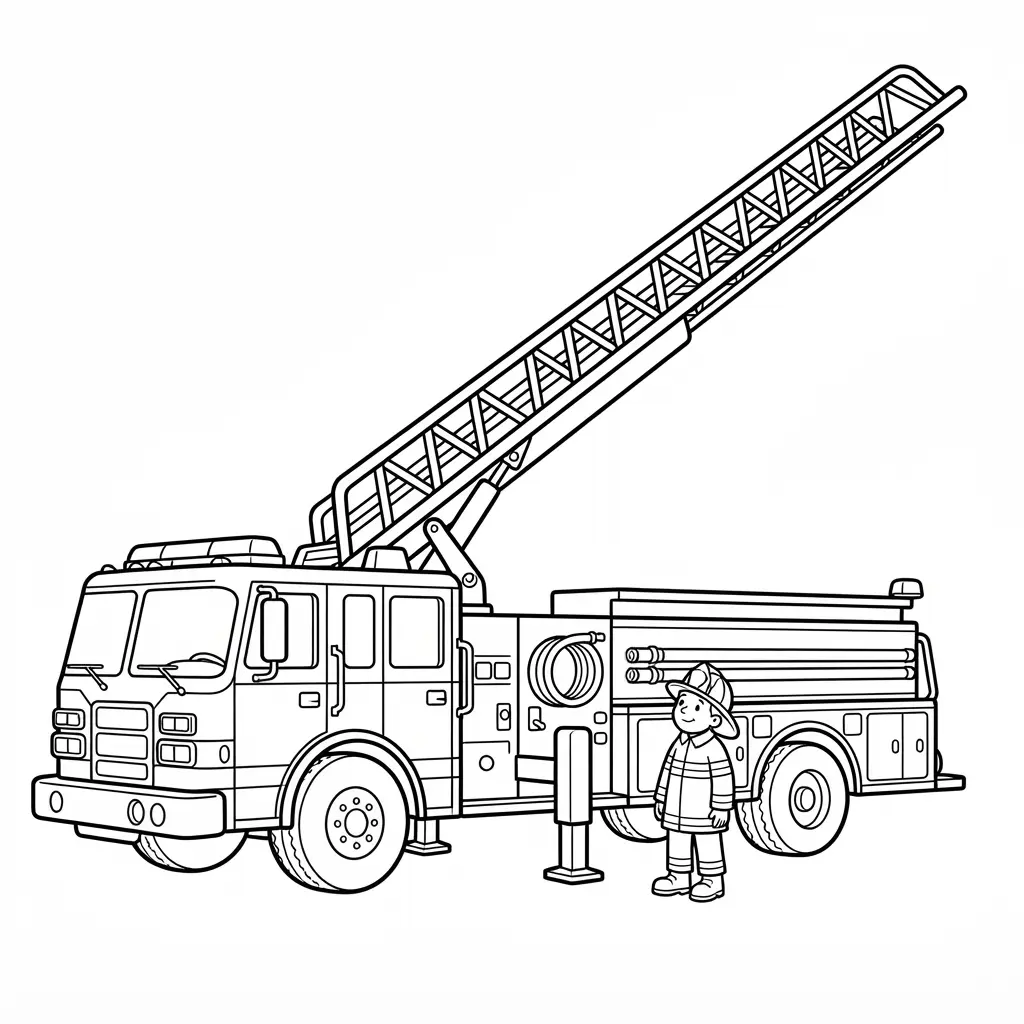 Aerial ladder truck coloring page shows its extended ladder reaching upward beside a firefighter in clear line art.