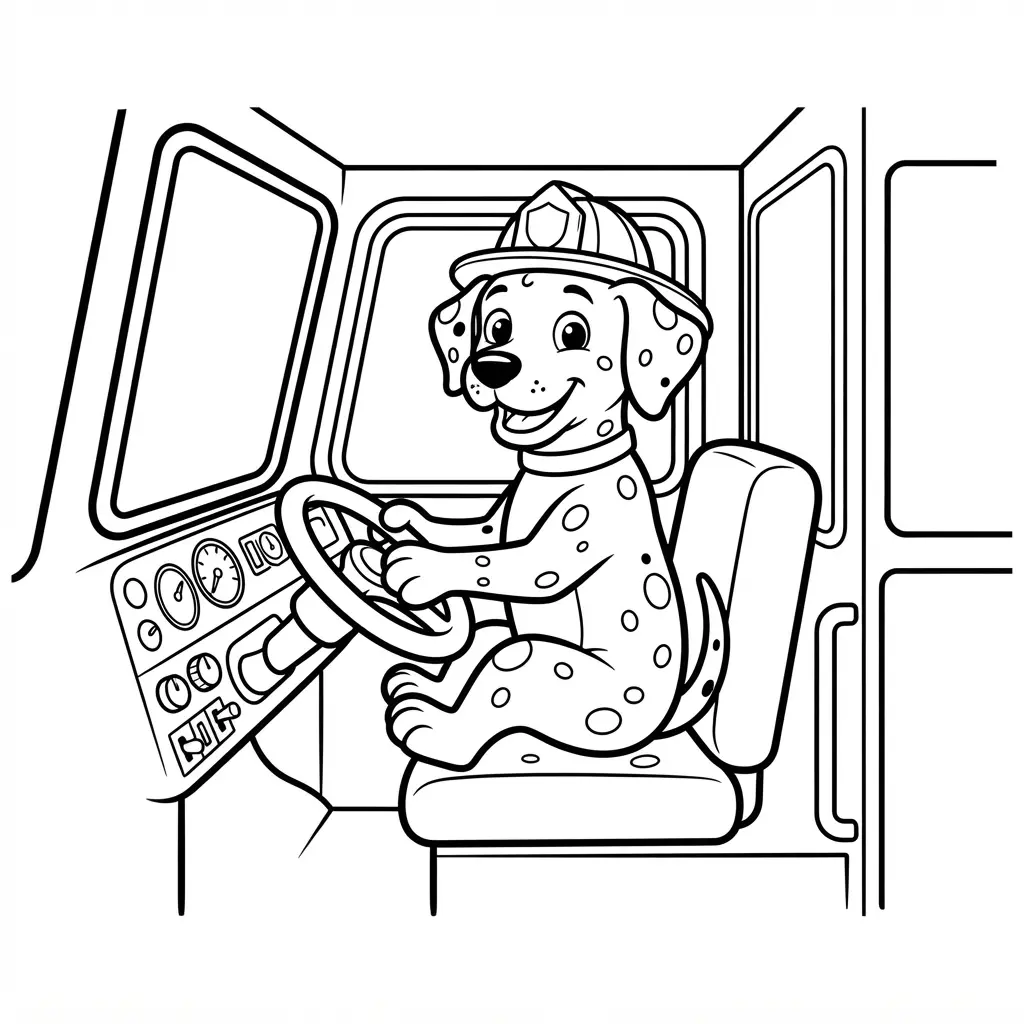 Fire truck coloring pages show a smiling Dalmatian seated inside the cabin with windows, seats, and bold outlines.