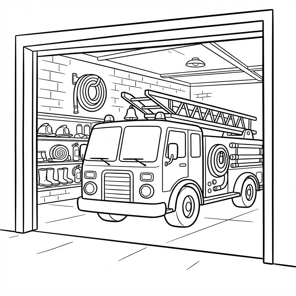 Open garage doors reveal a parked fire truck, station walls, equipment shelves, and simple printable line work.