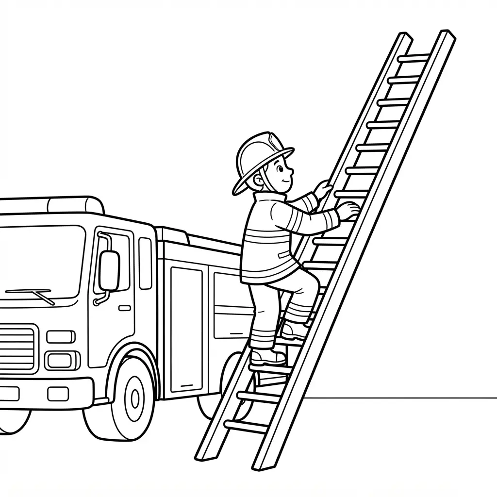 Fire truck coloring pages show a firefighter climbing a tall ladder beside a rescue truck with strong clean outlines.